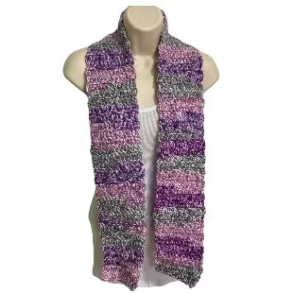 Scarf Handmade Knitted Gray Purple Lilac White Accents Ombré 56 in L x 5 in W